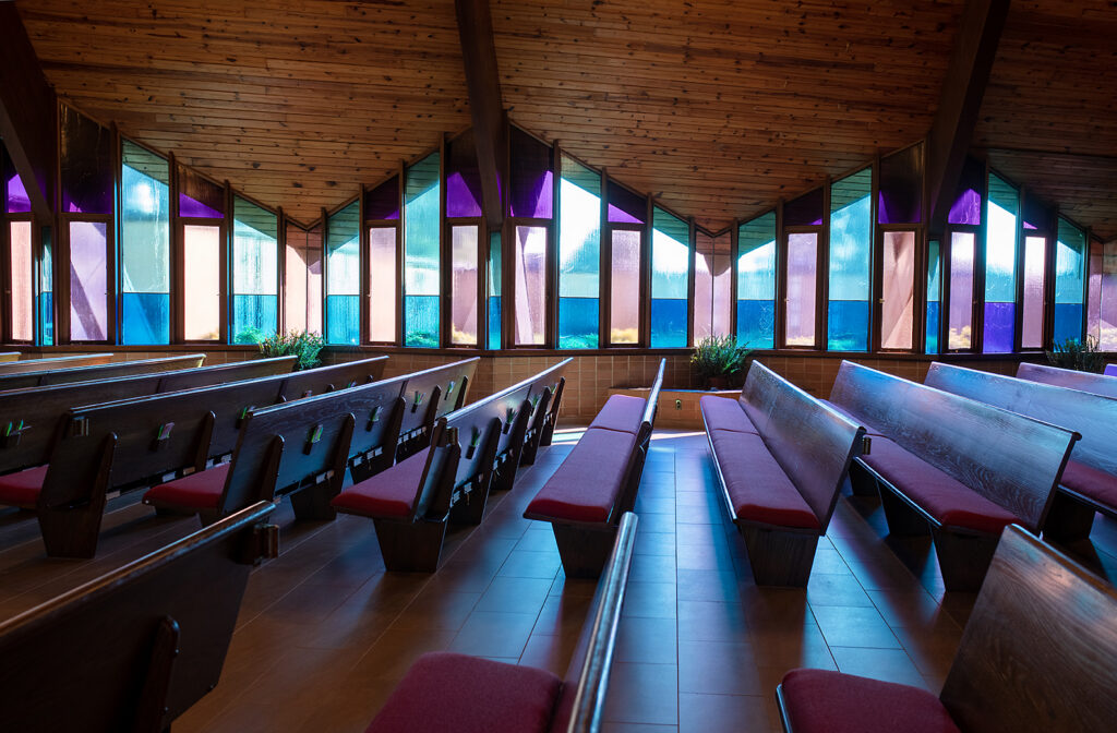 Stained glass windows in a sanctuary