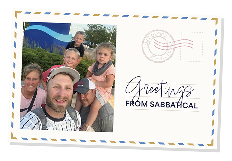 Greeting card-style image with picture of Stephanie Genske and family.
